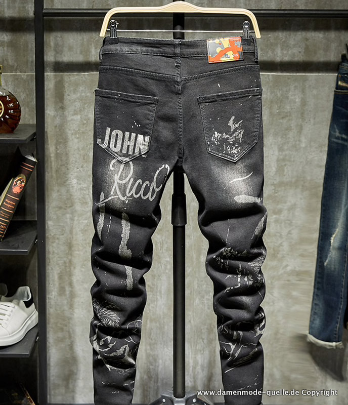 Casual Designer Print Herren Jeans in Schwarz