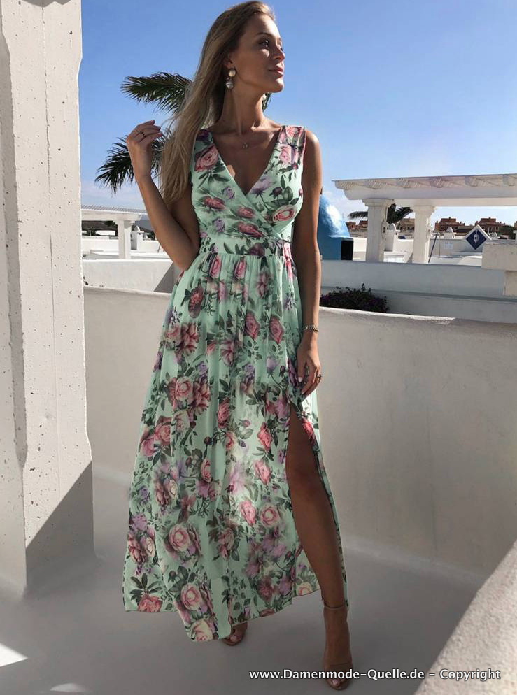 Chiffon Boho Maxi Sommerkleid in Grün mit Blumenmuster und V Ausschnitt