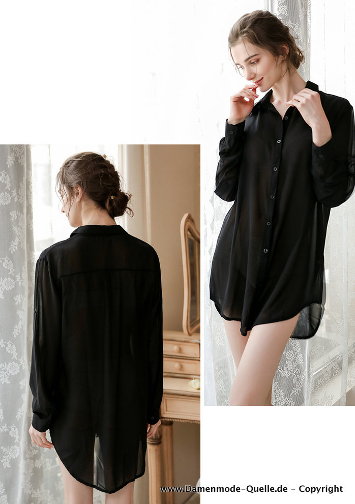 Chiffon Damen Bluse Elegant in Schwarz Langarm