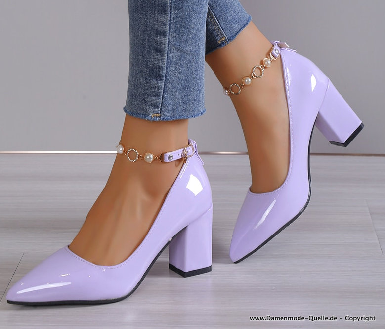 Chunky Pumps mit Luxus Strass Perlen Kette Lila