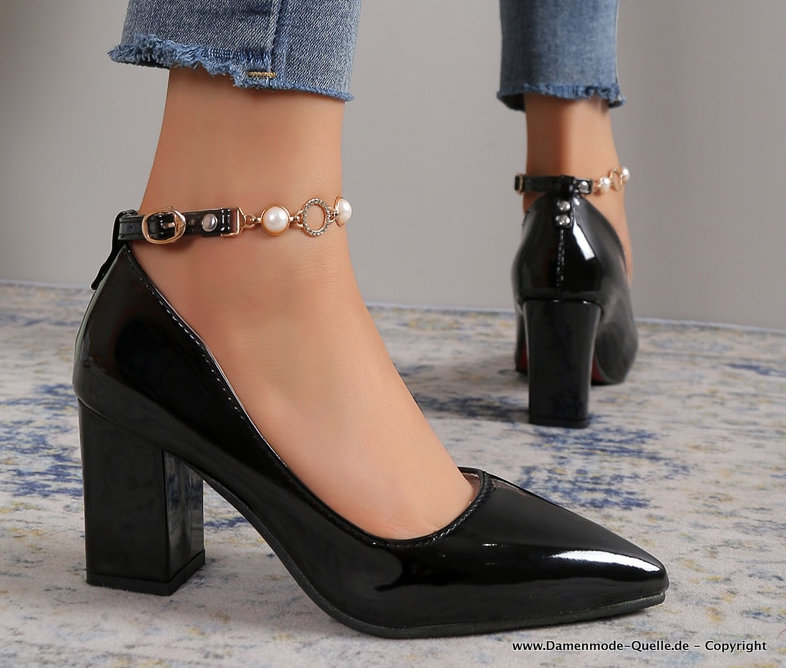 Chunky Pumps mit Luxus Strass Perlen Kette Schwarz