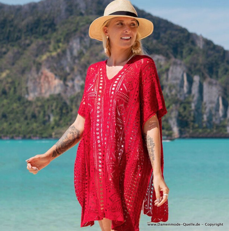 Cover Up Sommer Tunika Strandkleid Gestrickt in Rot mit Cut Out
