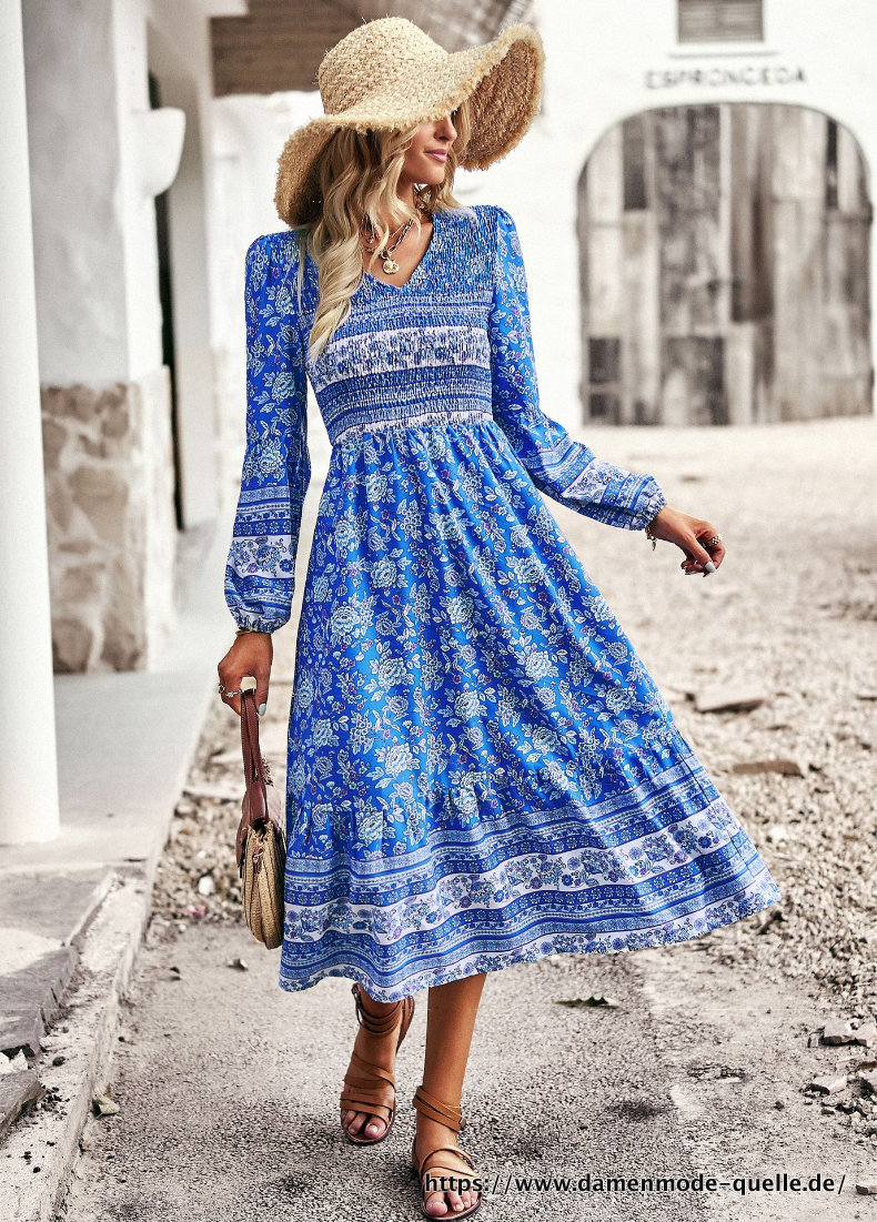 Damen Frühling Sommer Blumenprint Lange Kleid mit Ärmeln 