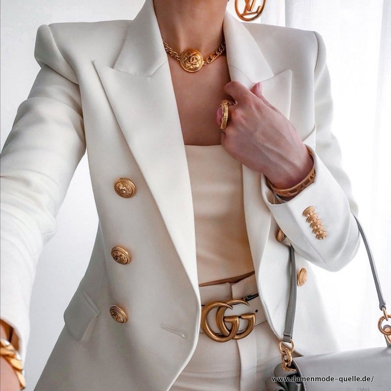 Damen Blazer Langarm Zweireiher Gold Knöpfe Top in weiß
