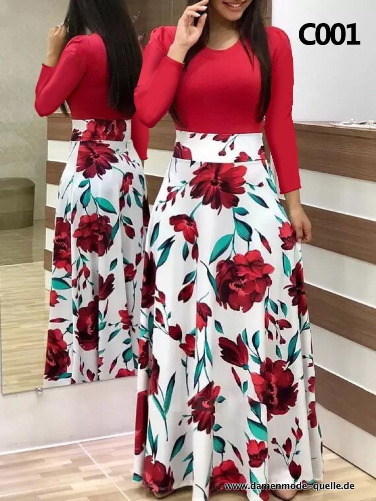 Damen Blumen langes Bankett Kleid lang Sommer 01 Rot weiß