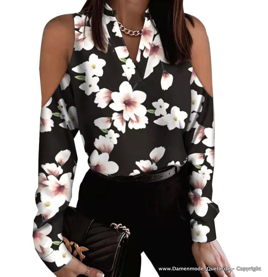  Damen Bluse mit Sexy Cut Out Schulter in Schwarz mit Blumen