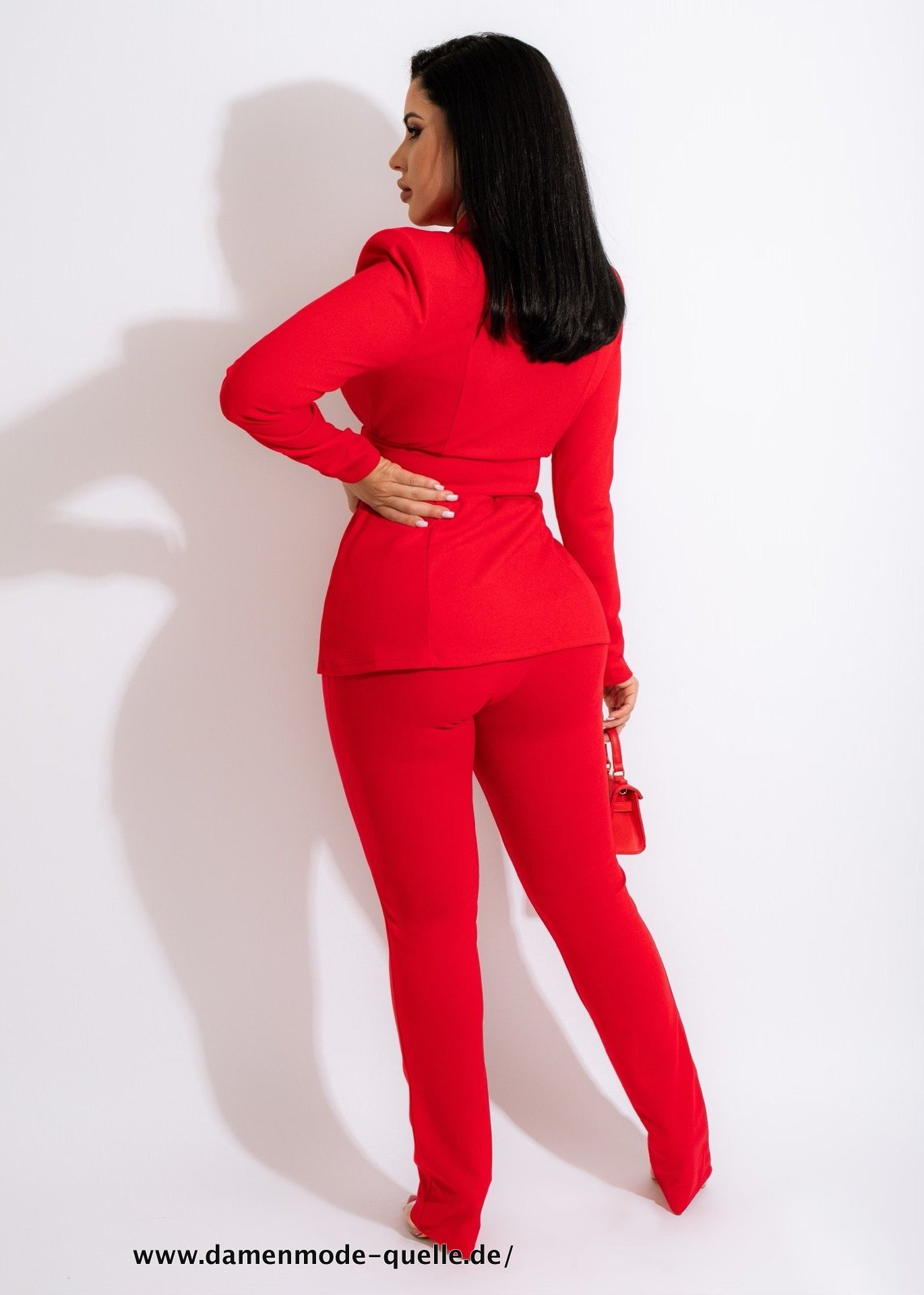 Damen Buisness Blazer mit Gürtel und Hosen Anzug Büro Set Rot