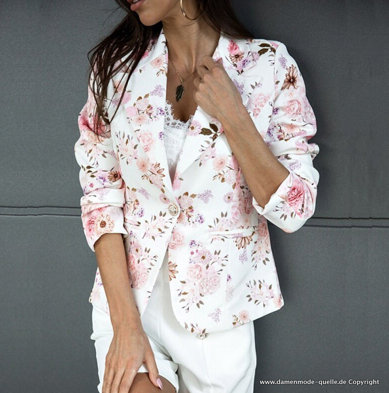 Damen Business Blazer Elegant in Weiß mit Blumen Muster