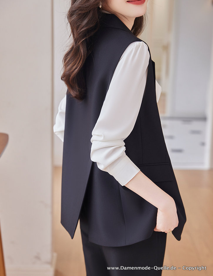 Damen Business Outfit Elegant Dreiteilig Hose - Weste mit Bluse Schwarz Weiß