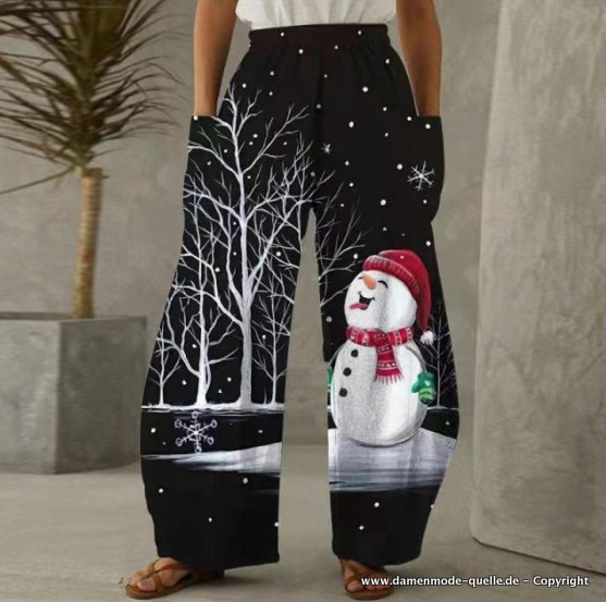 Damen Freizeit Hose mit Schneemann Print