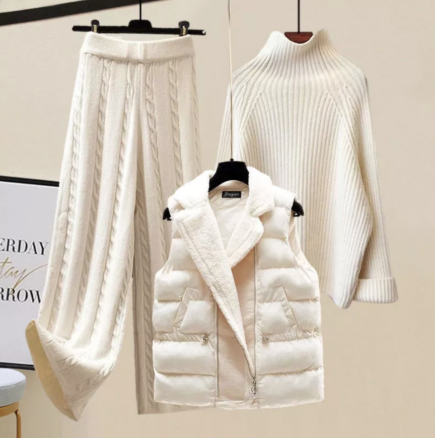  Damen Herbst Winter Outfit Hose Pullover und Weste im Set Weiß