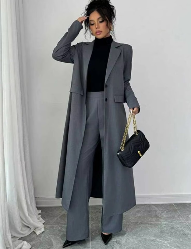 Damen Hosenanzug Elikapeka Elegant in Grau Long Blazer mit Hose