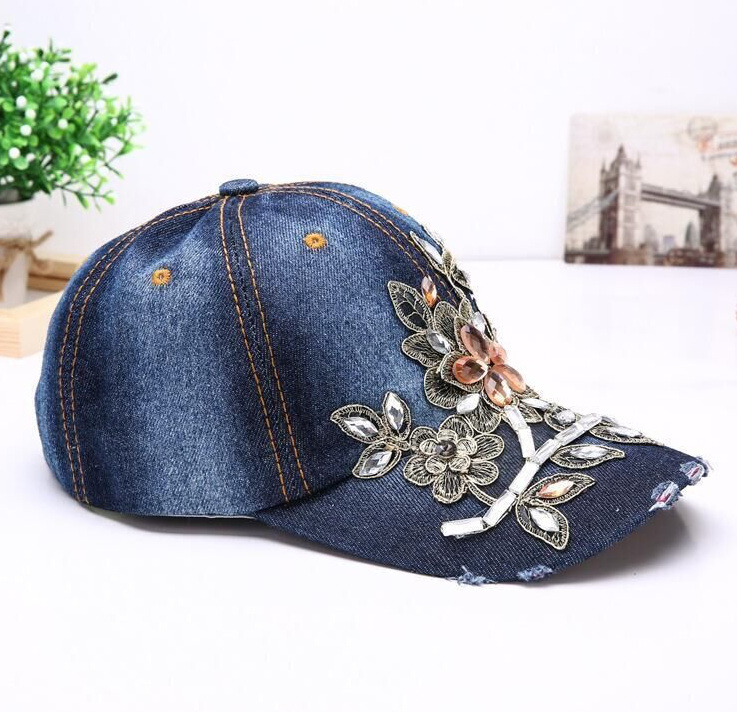 Damen Jeans Baseball-Cap Diamant Blumen