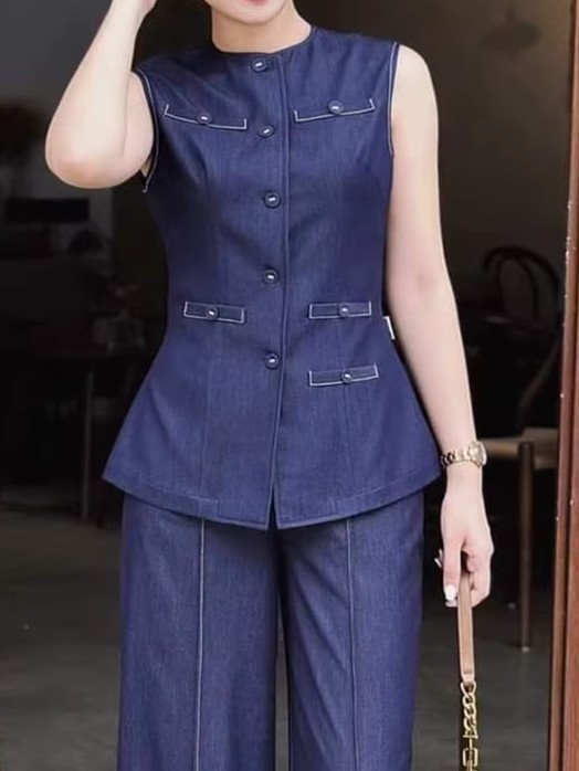 Damen Jeans Outfit Zweiteiler Ärmellos in Blau