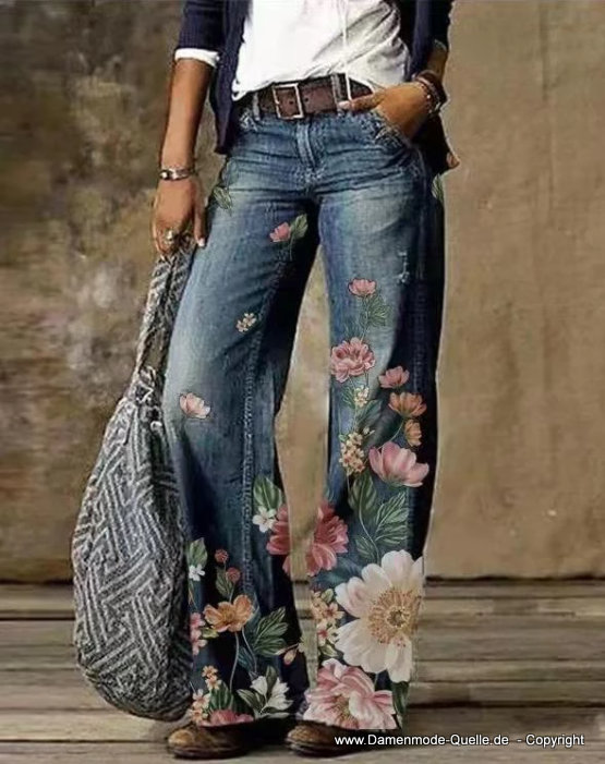 Damen Jeans Outwear in Blau mit Blumenmuster