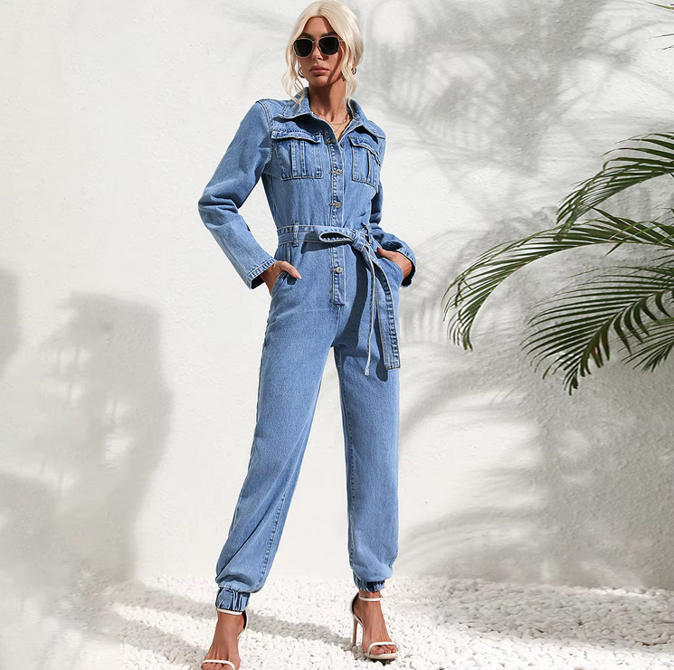 Damen Jeans Overall 2025 Hellblau mit Gürtel