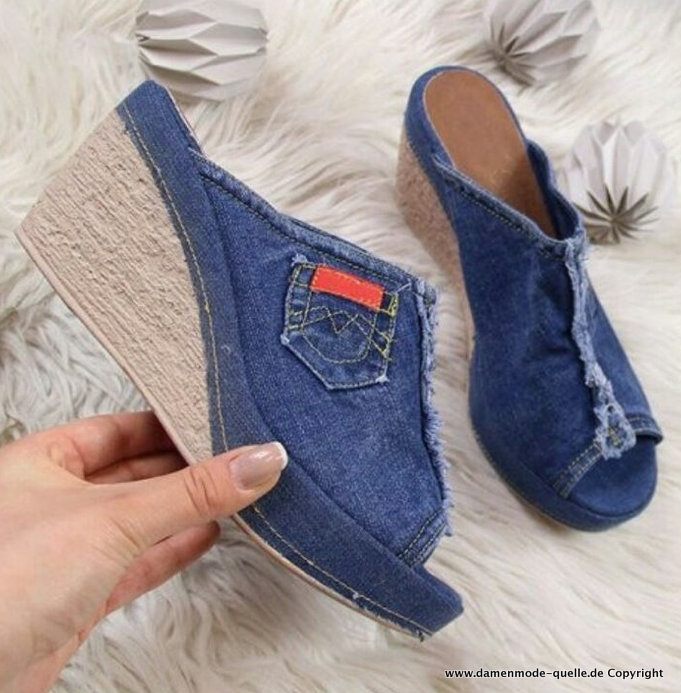Damen Keil Plateau Sommer Jeans Sandaletten in Blau