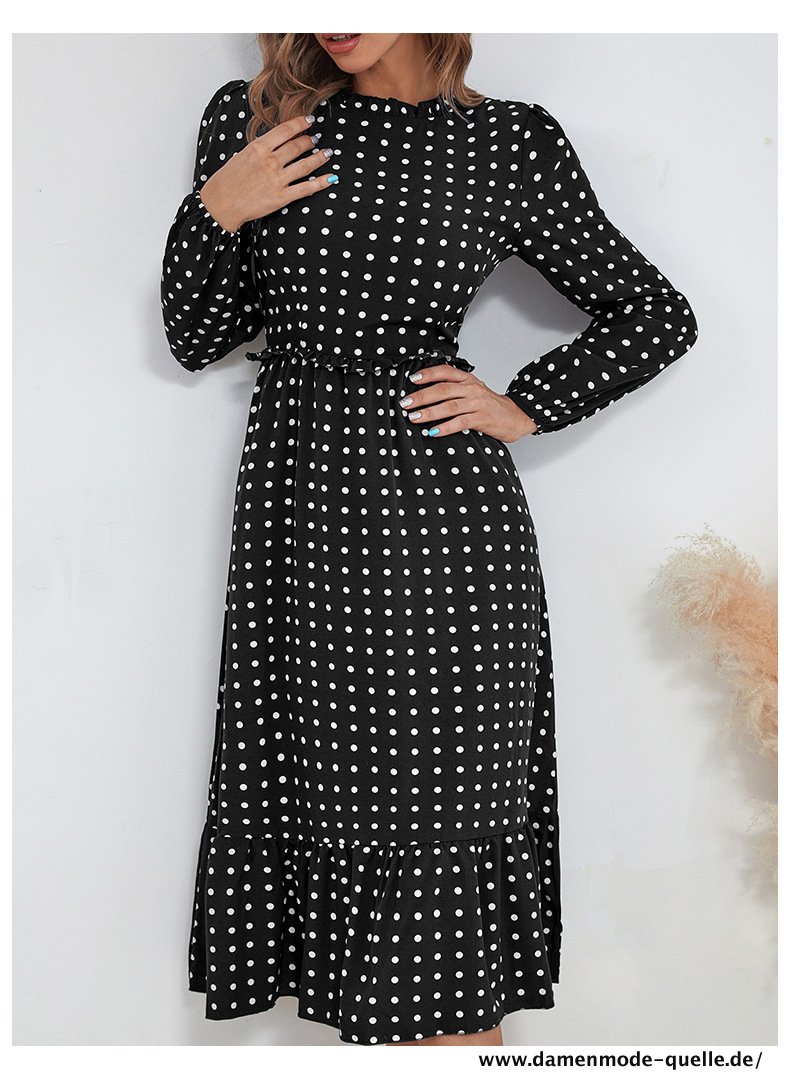 Damen Kleid mit Rüschen Saum 2023 Neuer Chic Elegante Hohe Taille Schwarz