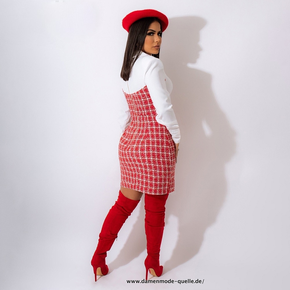 Damen Langarm Einreiher Bodycon Midi Kleid Elegant Bleistiftkleid Rot