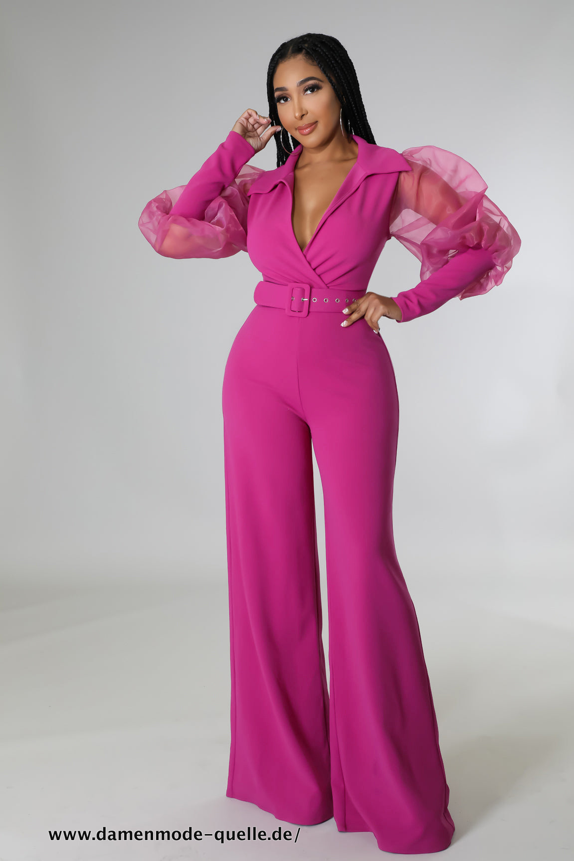 Damen Langarm mit Gürtel Jumpsuit Overall Pink