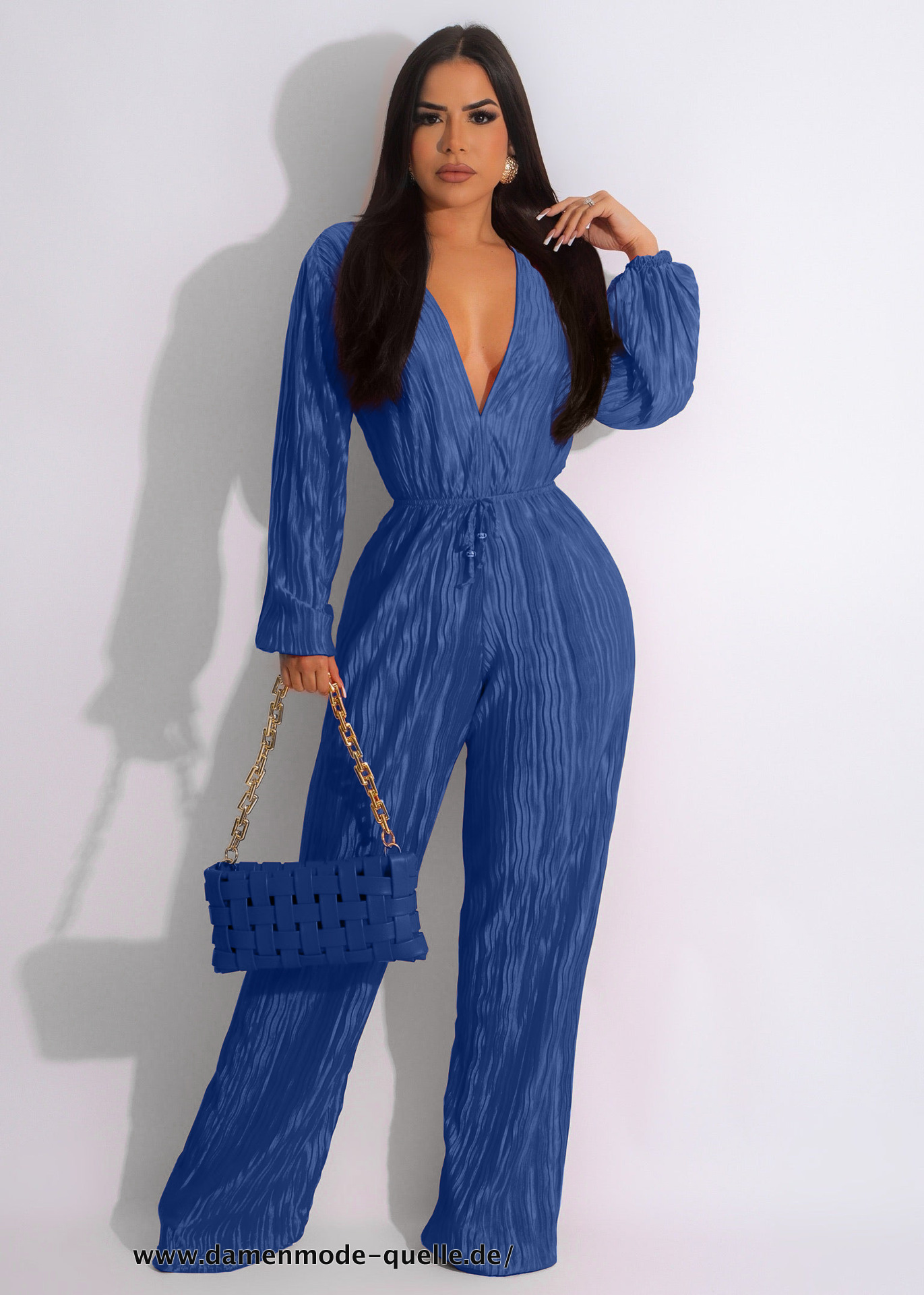 Damen Lange Ärmel mit V-Ausschnitt Elastische Taille Jumpsuit Blau