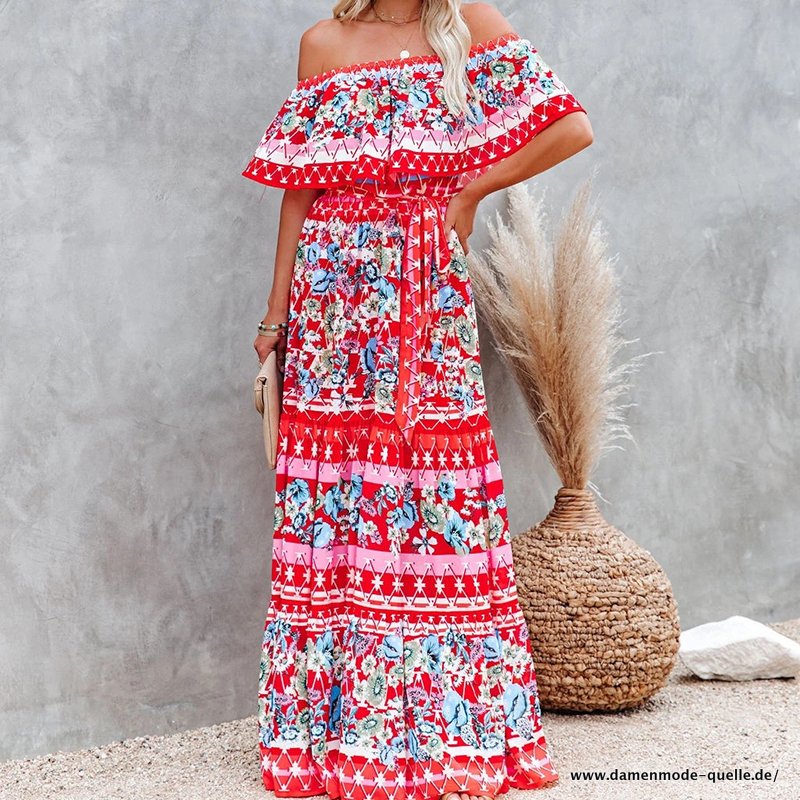 Damen Langer Rock 2023 Sommerkleid mit Blumenmuster mit Blumen in Rot