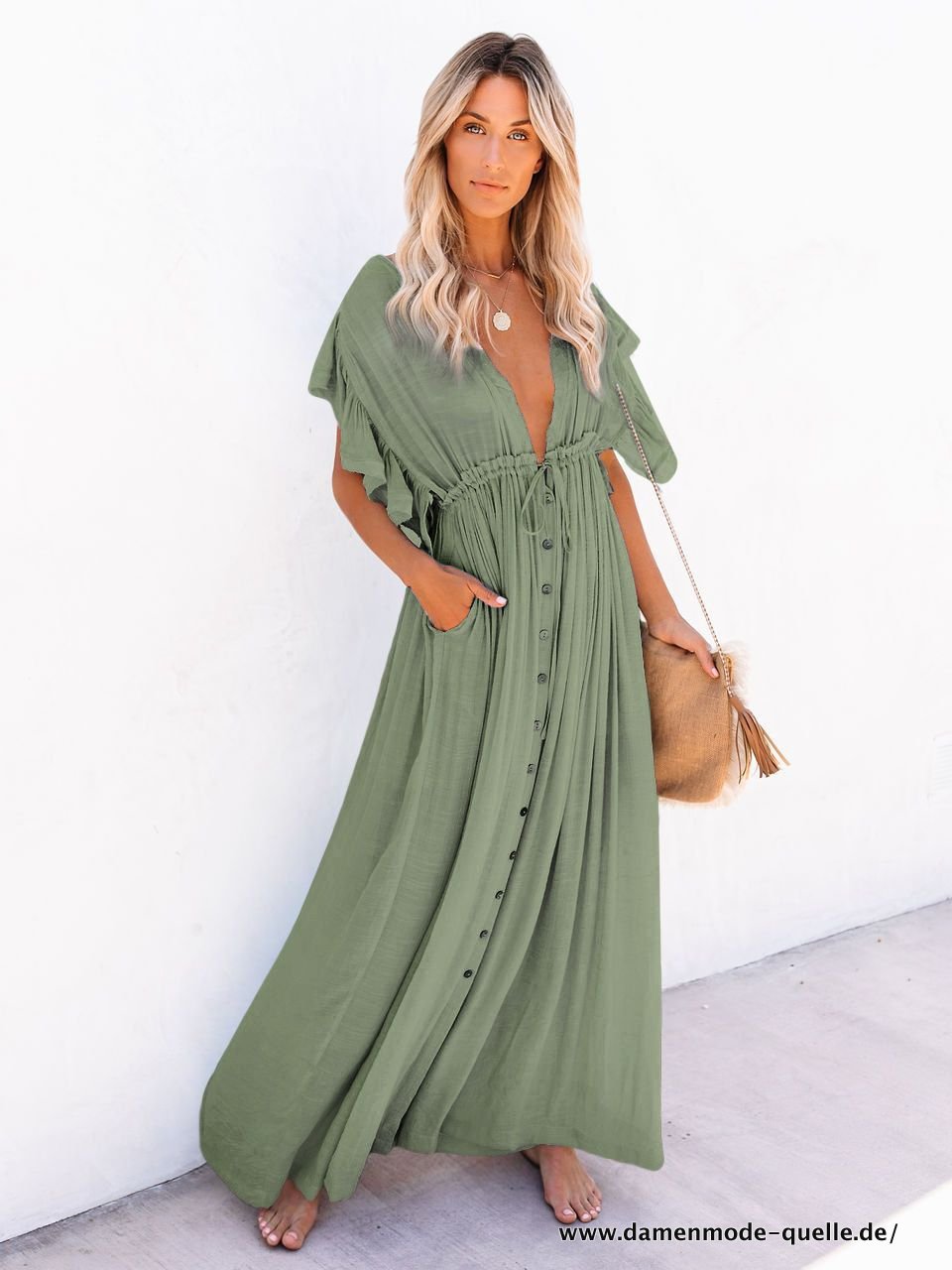 Damen Langes Boho Sommer Kleid mit V-Ausschnitt Sommerkleid Vintage Sexy Hellgrü