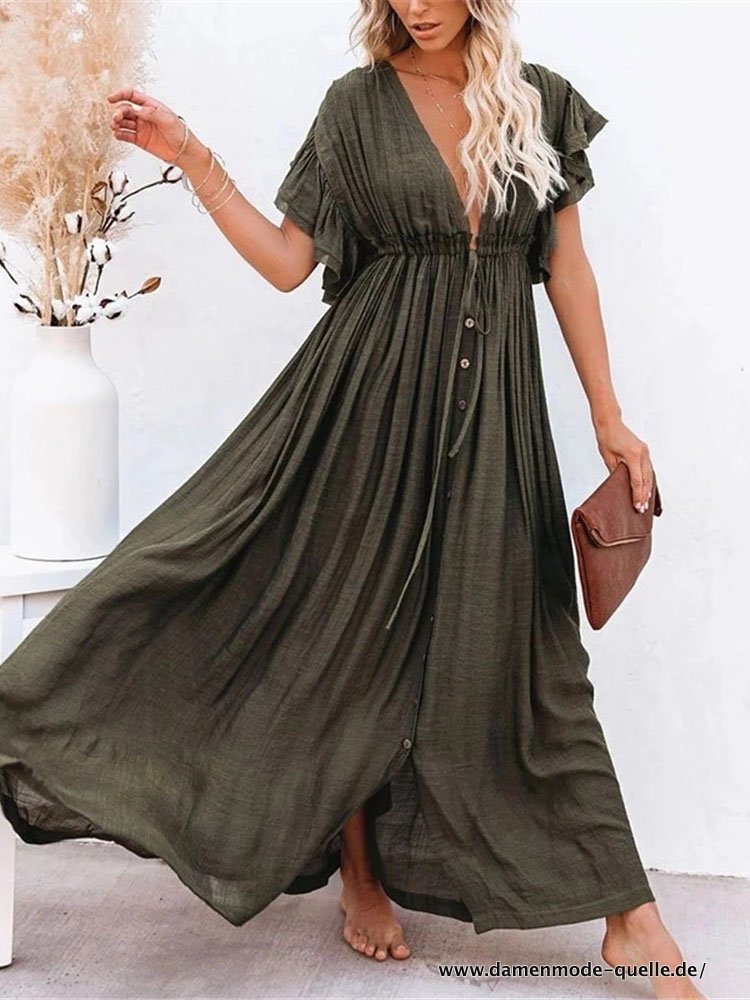Damen Langes Boho Sommer Kleid mit V-Ausschnitt Sommerkleid Vintage Sexy Schwarz