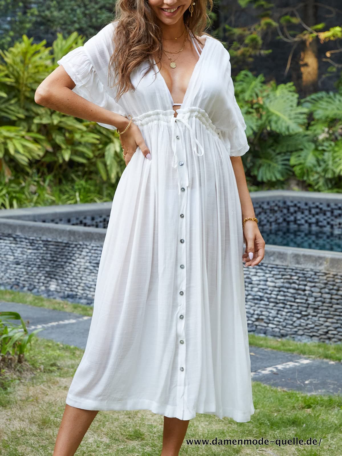Damen Langes Boho Sommer Kleid mit V-Ausschnitt Sommerkleid Vintage Sexy weiß