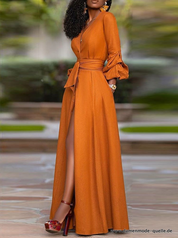 Damen Langes Tailliertes Kleid mit V-Ausschnitt Maxikleid in Orange
