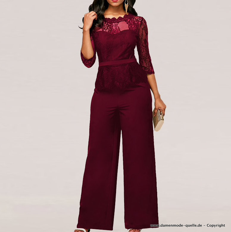 Damen Onepice Overall Elegant mit Spitze in Dunkelrot Weinrot