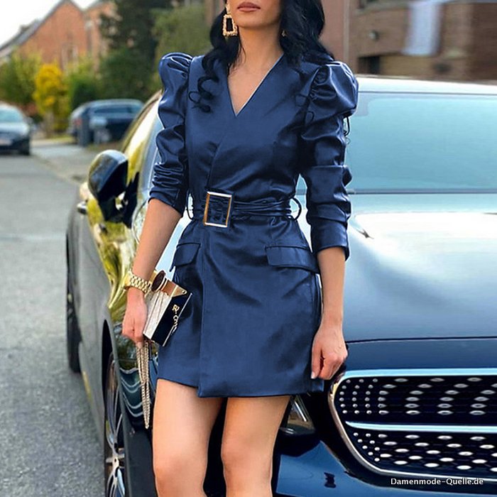 Damen PU Leder Kurzes Kleid mit Gürtel Blau
