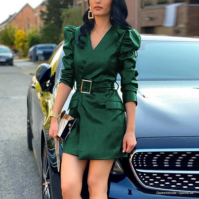 Damen PU Leder Kurzes Kleid mit Gürtel Grün