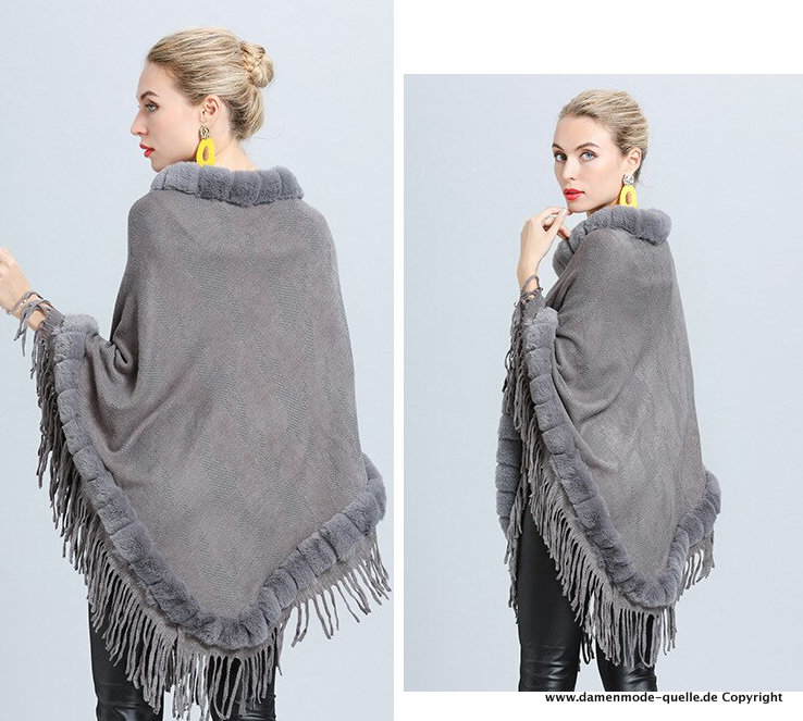 Damen Poncho in Grau mit Farbenfrohes Feder