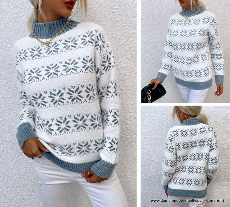 Damen Rollkragen Strickpullover mit Schneeflocken in Weiß Blau