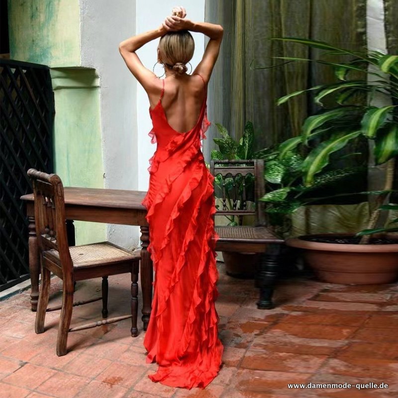 Damen Romantisches Sexy Rüschen Slim Fit Langes Kleid mit V-Ausschnitt Rot