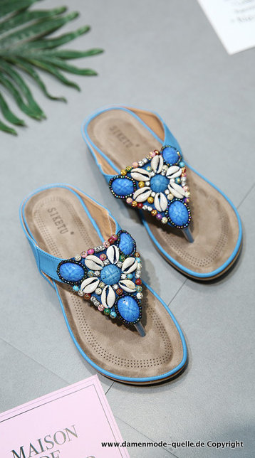 Damen Sea Shell Sandalen Sommer Flip-Flops in Blau