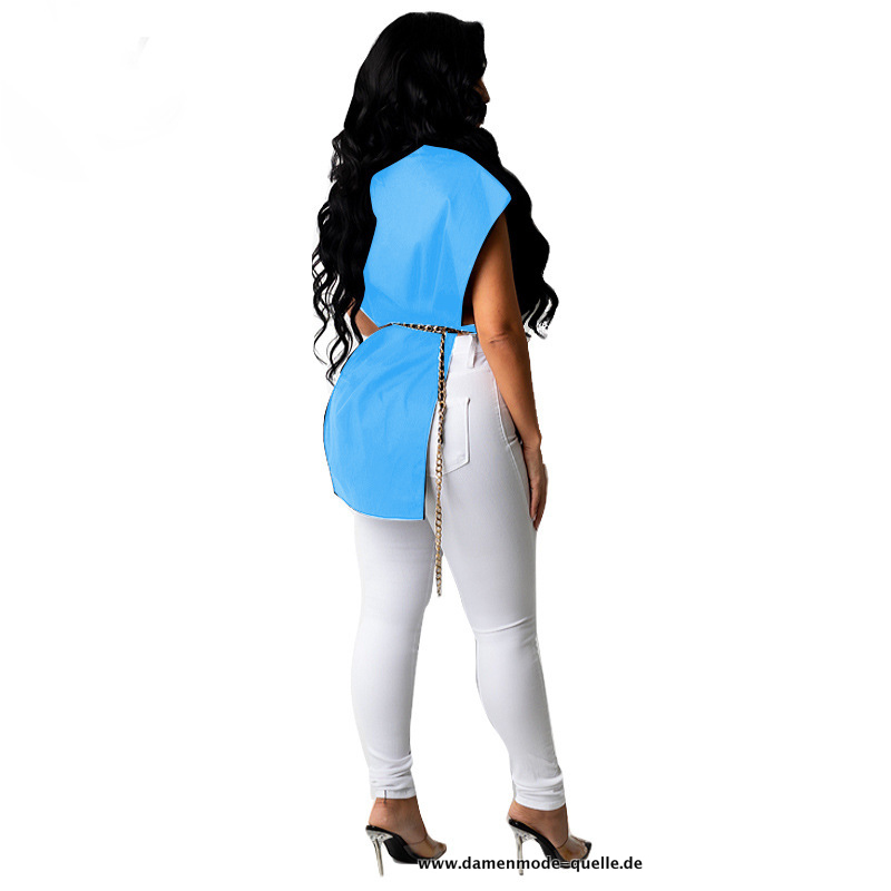Damen Shirt 2023 Ärmellos mit Schärpe Streetwear in Blau