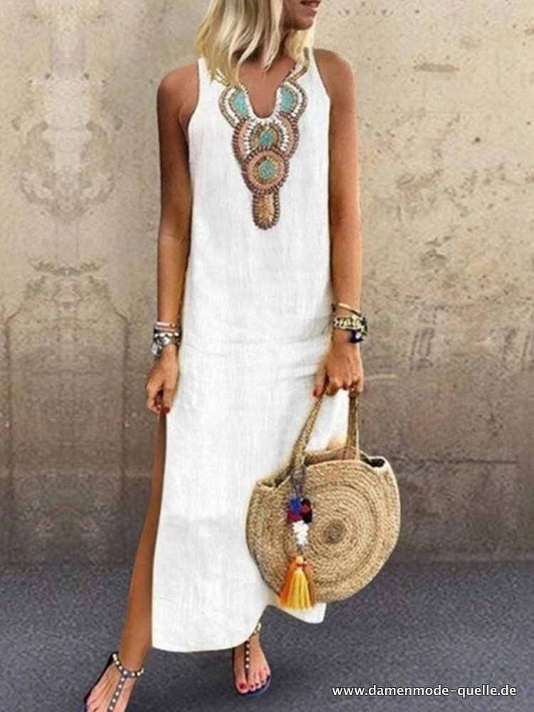 Damen Sommer Mode mit V-Ausschnitt Lange Kleid Vintage Weiß