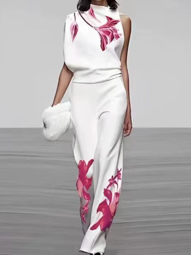 Damen Sommer Outfit 2025 Zweiteiler Elegant Ärmellos Weiß Weinrot