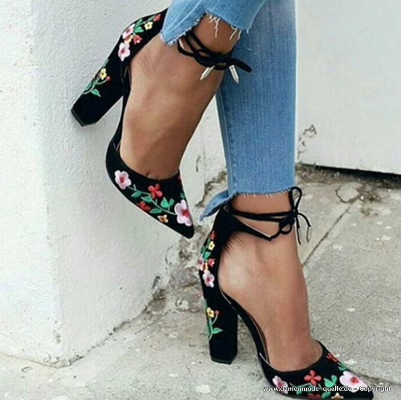 Damen Sommer Pumps in Schwarz mit Blumen Stickereien