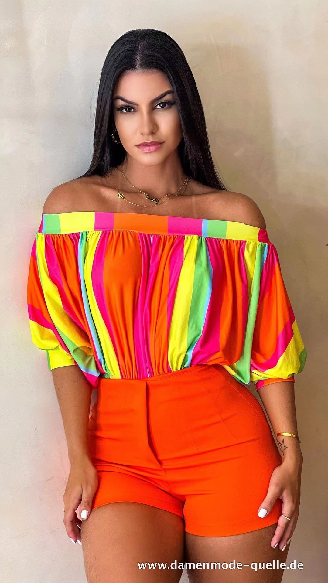 Damen Sommer Schulterfreies Boho Crop Top Orange Gelb