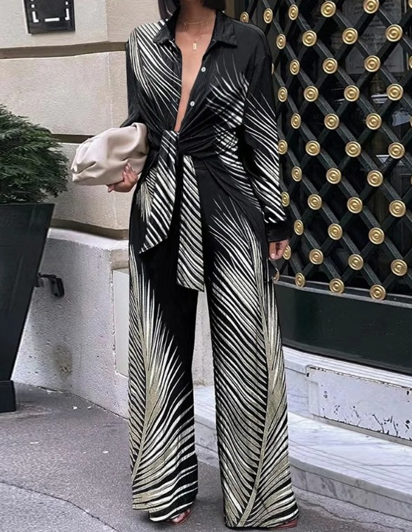  Damen Sommer Zweiteiler 2025 Elegant in Schwarz mit Palmen Muster