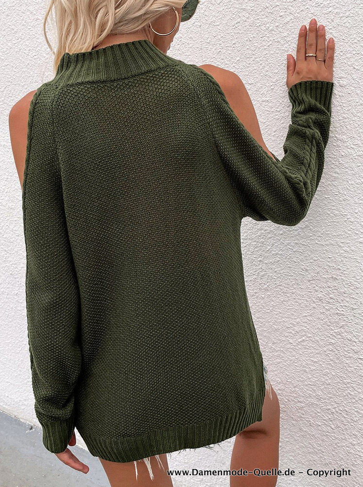Damen Strick Pullover mit Cut Out in Grün Sexy