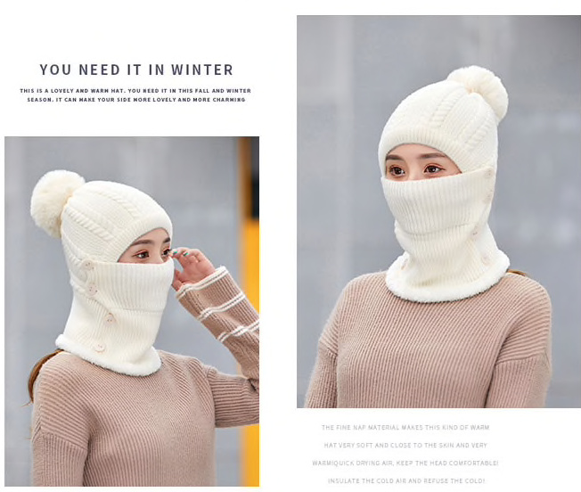 Damen Strick Wintermütze mit Maske in Weiß