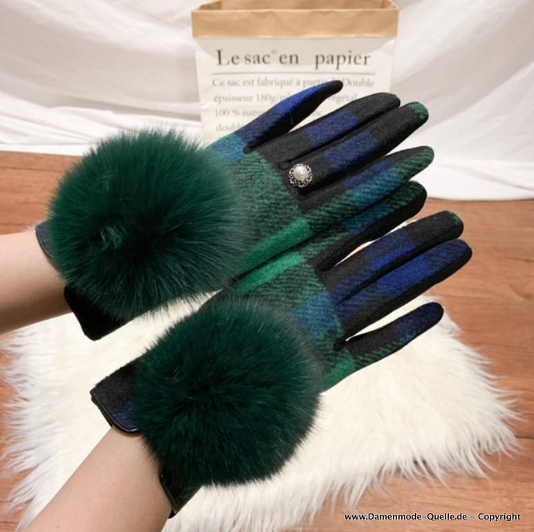 Damen Touchscreen Winter Kaschmir Handschuhe mit Perle und Pom Pom Grün