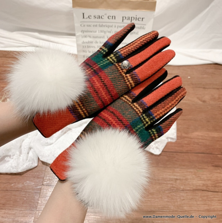 Damen Touchscreen Winter Kaschmir Handschuhe mit Perle und Pom Pom Orange Karo 