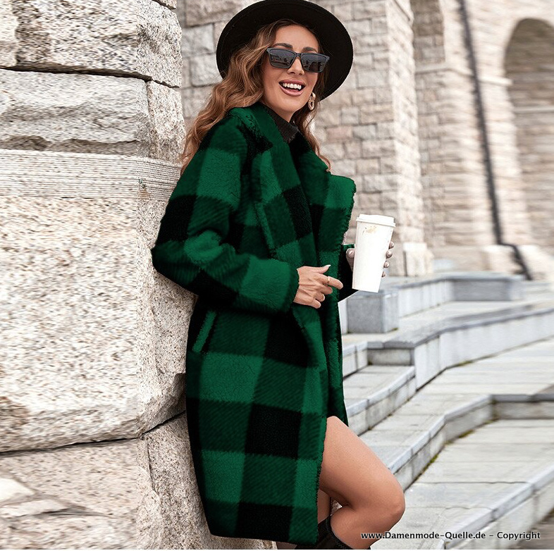 Damen Tweed Mantel für den Winter Warm Kariert in Schwarz Grün