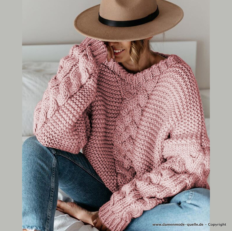 Damen Twist Muster Strick Pullover Rosa