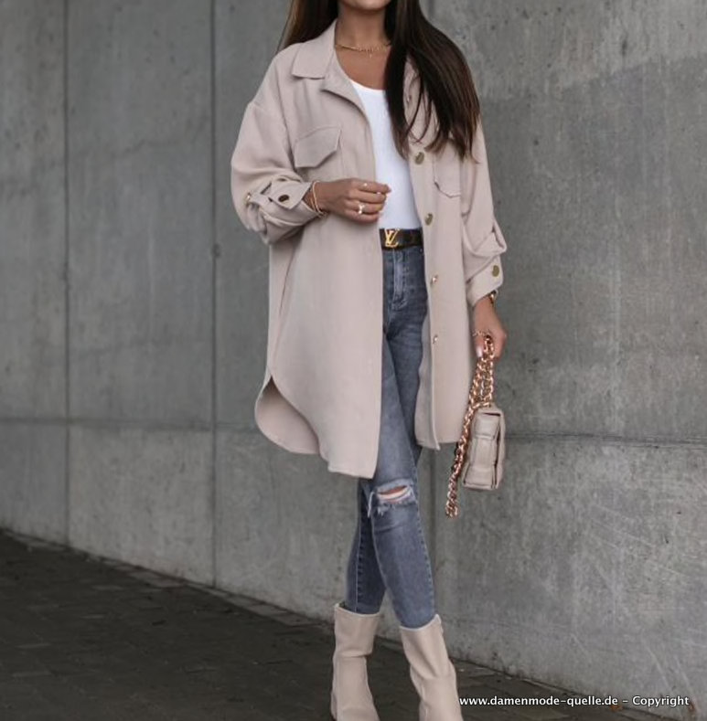 Damen Übergangsjacke Lang in Beige Elegant